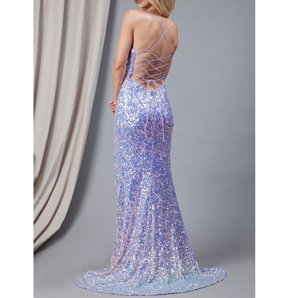 Lilac Purple Iridescent Sequin Side Slit Formal Prom Wedding Evening Dress 8 - Picture 3 of 4